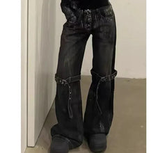 Hnewly American Retro Wide Leg Baggy Casual Denim Trouser Harajuku Solid High Waist Loose Jeans Summer Belted Design Women Pants