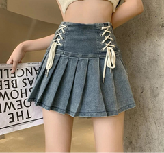 Hnewly Denim Pleated Skirts Women Cute Lace-up Chic Girlish Summer Mini Skirt Korean Style Fashion Sexy High Waist Streetwear College