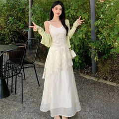 Hnewly French Elegant Camis Dress for Women Fashion Lace Patchwork Irregular Midi Dress Summer New Beach Vacation Embroidered Vestidos