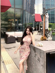 Hnewly Woman Dress Floral Printed Sleeveless V Neck Halter Slim Vintage Split Temperament Party Dresses French Style Chic