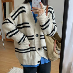 Hnewly Women Cardigan Sweater Striped V-neck Button-up Sweater Jacket Comfy Cozy Slouchy Cardi Autumn Winter Casual Outfit