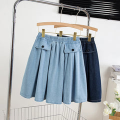 Hnewly M-5XL Oversize Denim Skirt Women's New Elastic High Waisted A-line Loose Fit Retro Knee-length Skirt with Built-in Safety Shorts