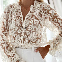 Hnewly Women's V-neck Single Breasted Office Top Lace Embroidered Long Sleeve Loose Shirt New Spring Vacation Solid Color T-shirt