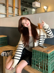 Hnewly Women Cardigan Sweater Striped V-neck Button-up Sweater Jacket Comfy Cozy Slouchy Cardi Autumn Winter Casual Outfit