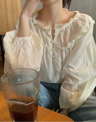 Hnewly Women Casual Chic Puff Sleeve Loose Elegant Spring Retro All-match Kawaii Ladies Summer New Solid Korean Style Button