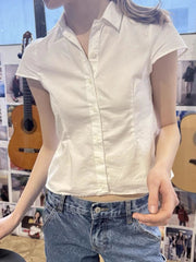 Hnewly Back Lace-up White Blouse T-Shirt Woman Summer Peter pan Collar Short Sleeve Slim Tee Shirt Casual Cute Cotton Sweet Crop Tops