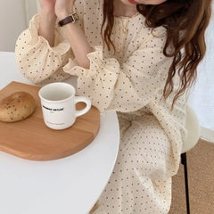 Hnewly Women Sweet Lace Cotton Long Sleeve Nightgowns Female Spring Autumn Loose Korean Style Home Girls Cute Top Pants Loungewear