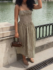 Hnewly Chic Stripe Sleeveless Women Sling Dress Elegant Square Collar Waist-cinching Slim Fit Vestidos Lady Commute Street Wears