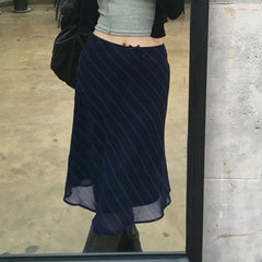 Hnewly Elegant Mesh Striped Print Midi Skirt Cute Bow Stitching Low Rise Straight Skirts for Women Vintage 2000s Clothing Summer