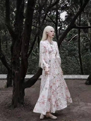 Hnewly Summer French Elegant Floral Midi Dress Beach V-neck Fashion Vestidos Printed Vintage Evening Party Dress Korean Style Chic