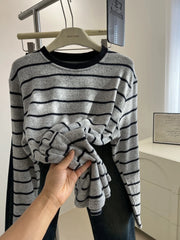 Hnewly Large Size Striped Long Sleeved T-shirt Women Spring Autumn 2024 Loose O-neck Soft Thickened Tops Korean Version Versatile Tee