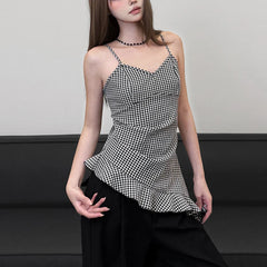 Hnewly Korean Black White Plaid Camisole Top Women Summer Ruffles Hem V Neck Tank Tops Woman Backless Streetwear Vest Female