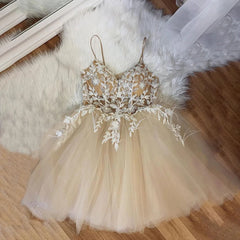 Hnewly Elegant Lace Appliques Short Prom Dress Spaghetti Straps Tulle Formal Party Graduation Evening Gown With Feather formal dress