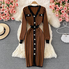 Hnewly V-neck Sweater Dress Autumn New Versatile Slim Knitted Dresses Elegant Single Breasted High Waisted A-line Gown