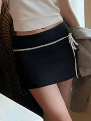 Hnewly Bow Ribbon Stitching Mini Skirts Coquette Outfits Low Waist Elastic Short Skirts Y2K Aesthetic Fairycore Korean New