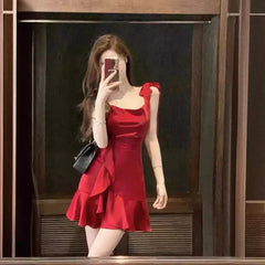 Hnewly Summer New Style Pure Lust Hot Girl Red Suspender Dress Female Design Niche Temperament Waist Slimming Short Skirt