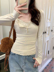 Hnewly FALL OUTFIT T-shirts Women Floral Fake Two Pieces Korean Fashionable Designed All-match Hotsweet Y2k Tops High Street Basic Clothes Fairy