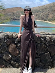 Hnewly French Vintage V-neck Midi Dress Female Casual Beach Style Clothing Summer Retro Elegant One Piece Dress Korean Fashion Chic