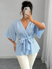 Hnewly Hot Sale Summer Beach V-Neck Bow Waist Plus Size Shirt Top Blue Stripe Elegant All-Match Large Size Women's Clothing