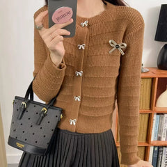 Hnewly Ribbon Button Up Knit Cardigan Sweater for Women Long Sleeve Button Front Sweater Jacket Teen-girl Y2K Cute Outfit