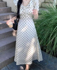 Hnewly Woman Dress Polka Dot Puff Short Sleeve Ruffles Bandage V Neck Temperament Sweet Dresses Elegant Female Fashion