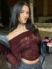 Hnewly Spring New Lace T-shirt Top Female Sexy See Through Off-Sholder Pullovers Slim Versatile Fashion Women's T-shirts