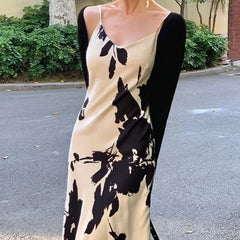 Hnewly Women's Elegant Satin Slip Dress with Black Ink Floral Print V Neck Spaghetti Strap Maxi Dress for Party and Daily Wear