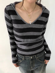 Hnewly Black Dark Gray Stripe Hooded T-Shirt Women V Neck Slim Long Sleeve Basic Spring Autumn Ribbed Top Preppy Streetwear Tee