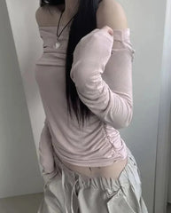Hnewly Folds T-shirt Shirts for Women Sexy Tunic Tshirts Slash Neck Long Sleeve Y2k Tops Off Shoulder Fashion T Shirts Ropa Mujer