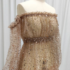 Hnewly Brown Pearl Sequin Transparent Mesh One Shoulder Dress Maternity Dress Photoshoot Props Pregnant Women Photography Dress