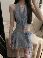 Hnewly Summer Two Pieces Set Summer Halter Print Slim Sweet Ruffled Vest + Women Y2k Aesthetic Streetwear 3D Flower Grunge Mini Skirts