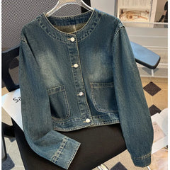 Hnewly Light Blue Retro Denim Jacket Women's Spring Single Breasted Loose Cardigan Short Top Autumn O-Neck Long Sleeve All-Matched Top