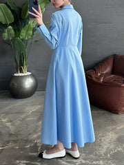 Hnewly Spring Women's Long Dress Solid Color Simple Fashion Button up Long Sleeved Ruched Casual Turn-Down Collar
