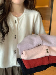 Hnewly Sweet Short Hollowed Out Sweater Chic Buttons Long Sleeved Knitted Cardigan Jacket Korean series Round Neck Loose Top