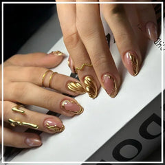 Hnewly 24Pcs French Gold Edge Wearable Almond Press on Fake Nails Simple Pearl Decoration False Nails with Glue Full Over Manicure Tips