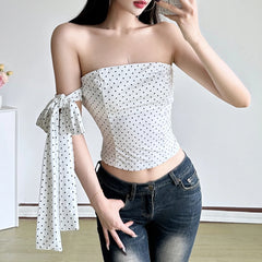 Hnewly Elegant y2k Vest Lace-up Ribbon Polka Dot Crop Top Summer Sleeveless Skinny Tube Tops for Women Streetwear Tees Aesthetic