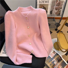 Hnewly Elegant Metal Button Sweater Solid Long Sleeve Korean O-Neck Puff Sleeve Knit Cardigan Coat Women Spring Autumn Loose Top