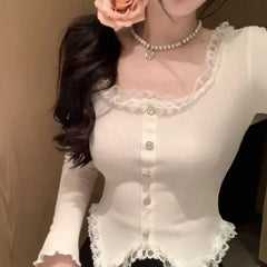 Hnewly Women Shirt Square Collar Chic All-match Long Sleeve Korean Fashion Autumn Sweet Spicy Girls Slim Fit Mujer Hotsweet