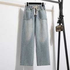 Hnewly XL-5XL Oversize Jeans Women's High Waisted Drawstring Wide Leg Denim Pants 2025 New Spring Autumn Loose Straight Leg Mop Pants