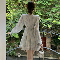 Hnewly Dresses Women A-line Print V-neck Stylish Ulzzang Ladies Holiday Casual Simple Above Knee Design Streetwear Puff Sleeve Soft Ins