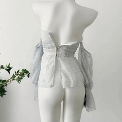 Hnewly 2000s Aesthetic Print Shirts Off Shoulder Korean Blue Crop Top Office Lady Sweet Blouses Flare Sleeve Exquisite French Elegance