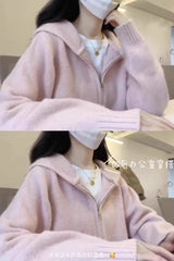 Hnewly Milk Fufu Lazy Blue Double Zipper Hooded Knitted Cardigan Women's Autumn and Winter Design Sense Short Sweater Jacket