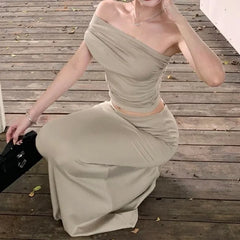 Hnewly Women's Summer One Shoulder Pleated Slimming Top, Slim Fit Half Skirt, Long Skirt Two-Piece Set