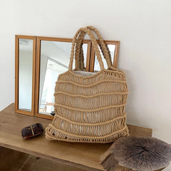 Hnewly Fashion Mesh Beach Bags For Women Summer Cotton Woven Shoulder Purse Handbag Beach Tote Bag Vacation