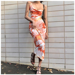 Hnewly Tie-dye Print Slip Dress High Waist Pile Collar Backless Crossover Tie Dress Casual Elegant Resort-style