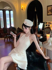 Hnewly Romantic Ruffle Puffy Mini Dress Women Textured Solid Shirring Strappy Open Back Halter One-piece Prom Party Clothes