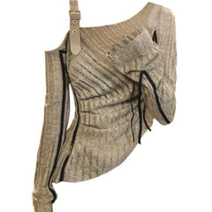 Hnewly 2000s Aesthetic Vintage T-shirts Women Sexy Y2k Punk Gyaru Long Sleeve Crop Streetwear Asymmetrical Top Slash Neck Tee