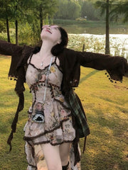 Hnewly Bohemian Style Irregular Camisole Vest Dress for Women+ Y2k Long Sleeve Loose Cardigan 2025 Spring New Two Piece Sets