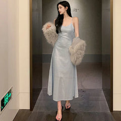 Hnewly Elegant V-Neck Sparkly Dress Women Korean Fashion Spaghetti Strap Evening Dress Ladies Sexy Sequin Off Shoulder Dress