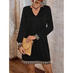 Hnewly Black V Neck Mini Dresses Women Spring Autumn A-line Spliced Embroidery-hem Simple Commute Short Dress